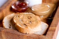 Creamy peanut butter on a slice of toast. Peanut butter sandwich Royalty Free Stock Photo