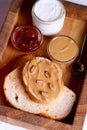 Creamy peanut butter on a slice of toast. Peanut butter sandwich Royalty Free Stock Photo