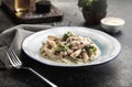 creamy penne chicken broccoli pasta served in a dish side view of fastfood Royalty Free Stock Photo