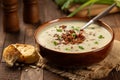 Creamy potato soup with bacon pieces and chopped green onion Royalty Free Stock Photo