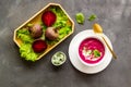 Creamy red beetroot soup with raw beets and sour cream Royalty Free Stock Photo