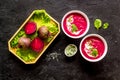 Creamy red beetroot soup with raw beets and sour cream Royalty Free Stock Photo