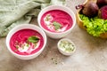 Creamy red beetroot soup with raw beets and sour cream Royalty Free Stock Photo