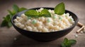 Creamy rice pudding in black bowl with mint garnish. Royalty Free Stock Photo
