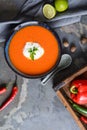 Creamy roasted red bell pepper soup with sour cream