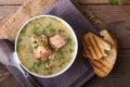 Creamy salmon soup with potatoes and carrots served with toast on a wooden rustic plank table. Finnish fish soup kalakeitto with s Royalty Free Stock Photo