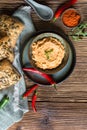 Creamy sheep cheese spread with onion, butter and paprika powder Royalty Free Stock Photo