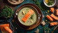 Creamy soup appetizer pieces salmon, lemon, dill on an old background natural seafood