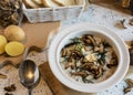 Creamy soup of forest mushrooms, dill, eggs and cream - Kulajda Royalty Free Stock Photo