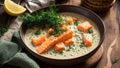 Creamy soup pieces salmon, lemon, dill bread an old background fresh fish healthy meal