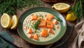 Creamy soup pieces salmon, lemon, dill delicatessen an old background fresh fish healthy meal