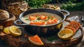 Creamy soup pieces salmon, lemon, dill diet an old background fresh fish healthy meal