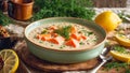 Creamy soup pieces salmon, lemon, dill green an old background fresh fish healthy meal
