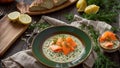 Creamy soup pieces salmon, lemon, dill homemade an old background fresh fish healthy meal