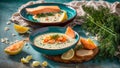 Creamy soup with pieces salmon, lemon, dill on an old background