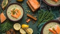 Creamy soup recipe pieces salmon, lemon, dill on an old background natural seafood