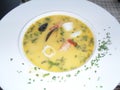 A creamy soup with shrimps and calamaris Royalty Free Stock Photo