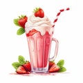 Creamy strawberry cocktail, ice cream with berries in a glass on a white background. Illustration, AI generation