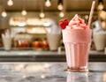 A creamy strawberry milkshake, garnished with a fresh berry, served in a modern ice cream parlor Royalty Free Stock Photo
