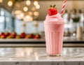 A creamy strawberry milkshake, garnished with a fresh berry, served in a modern ice cream parlor Royalty Free Stock Photo