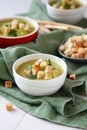 Creamy sweet potato soup with croutons and parsley in white bowl Royalty Free Stock Photo