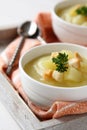 Creamy sweet potato soup with croutons Royalty Free Stock Photo