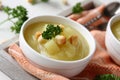 Creamy sweet potato soup with croutons and parsley in white bowl Royalty Free Stock Photo