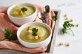 Creamy sweet potato soup with croutons and parsley in white bowl Royalty Free Stock Photo