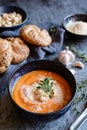 Creamy Sweet potato soup topped with Pecorino cheese, roasted cashew nuts and fresh thyme Royalty Free Stock Photo