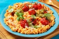 Creamy tomato risotto with pesto, top view Royalty Free Stock Photo