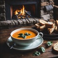 creamy tomato soup, fresh basil, crusty bread Royalty Free Stock Photo