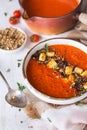 Creamy Tomato Soup with Halloumi Cheese, Dukkah Spice and Origano Royalty Free Stock Photo