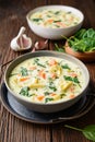 Creamy Tortellini pasta soup with spinach, celery, carrot and chicken broth Royalty Free Stock Photo