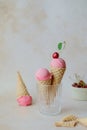 Creamy vegan cherries ice cream in the horn. Summer seasonal cold sweet healthy vegan dessert Royalty Free Stock Photo