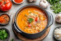 Creamy vegetable soup preparation with fresh ingredients in a cozy kitchen setting Royalty Free Stock Photo