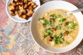 Creamy vegetable soup with rice and green onion shoot, roasted sliced bread Royalty Free Stock Photo