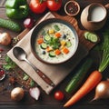 Creamy vegetable soup in a rustic bowl, surrounded by fresh ingredients