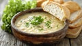 Creamy white bean soup, bread, herbs, rustic table, food blog Royalty Free Stock Photo