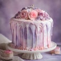 Creamy white and purple wedding cake with pink rose flowers. Homemade bakery on Valentine day Royalty Free Stock Photo