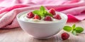 Creamy yogurt with fresh raspberries and mint in a white bowl. Generative AI Royalty Free Stock Photo