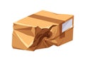 Creased cardboard parcel. Damaged delivery, crumpled box. Crinkled broken carton pack, spoiled smashed wrinkled wet