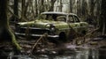 Creased Crinkled Wrinkled: An Atmospheric Portrait Of An Old Car Stuck In A Swamp