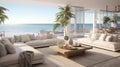 Create an airy and contemporary oceanfront living room with a white sectional sofa, glass coffee tables, and a balcony that