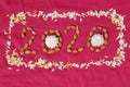 Create 2020 with almonds and flowers on pink background Royalty Free Stock Photo
