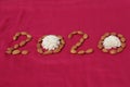 Create 2020 with almonds and flowers on pink background Royalty Free Stock Photo