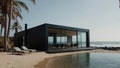 Create a black villa by the sea with a lot of glasses and a beach