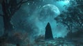 Create a captivating digital rendering of a wide-angle view wizard standing in a mystical forest, casting spells under a radiant