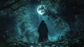 Create a captivating digital rendering of a wide-angle view wizard standing in a mystical forest, casting spells under a radiant