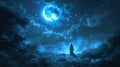 Create a captivating digital rendering of a wide-angle view wizard standing in a mystical forest, casting spells under a radiant