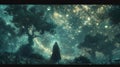 Create a captivating digital rendering of a wide-angle view wizard standing in a mystical forest, casting spells under a radiant